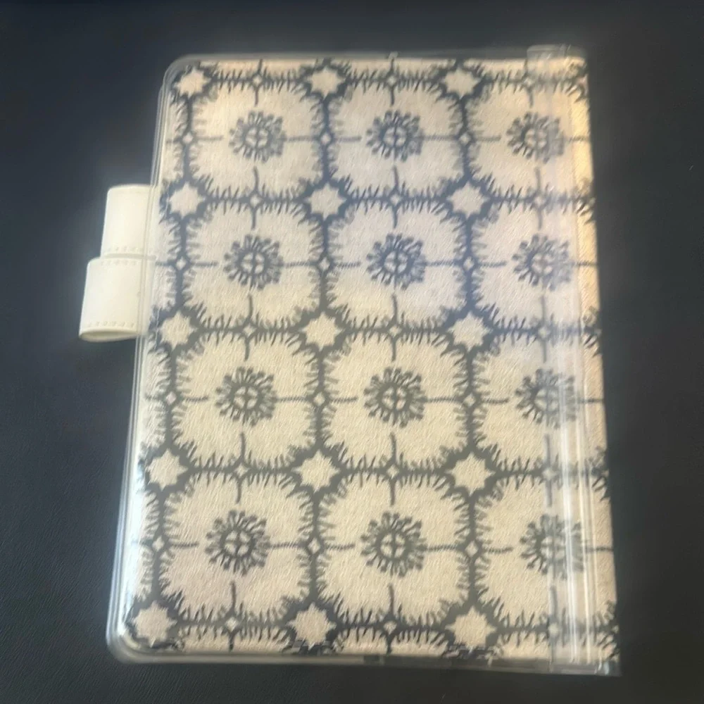 Cream & Navy Floral Grid Journal Notebook with Pen Loop
